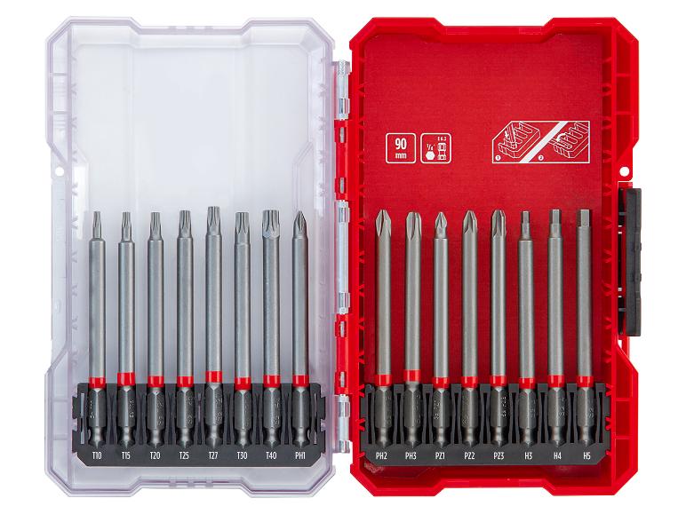 Schraubendreher-Bit-Set mit verschiedenen Torx-, Phillips-, Pozi- und Hex-Bits in rotem und transparentem Gehäuse.