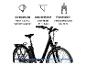 Schwarzes E-Bike mit Beleuchtung, Gepäckträger und 50 mm Federgabel.