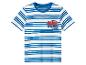 Weiß-blau gestreiftes T-Shirt mit rotem Rennwagen-Aufdruck und dem Text „LIGHTNING MCQUEEN RACE READY“.