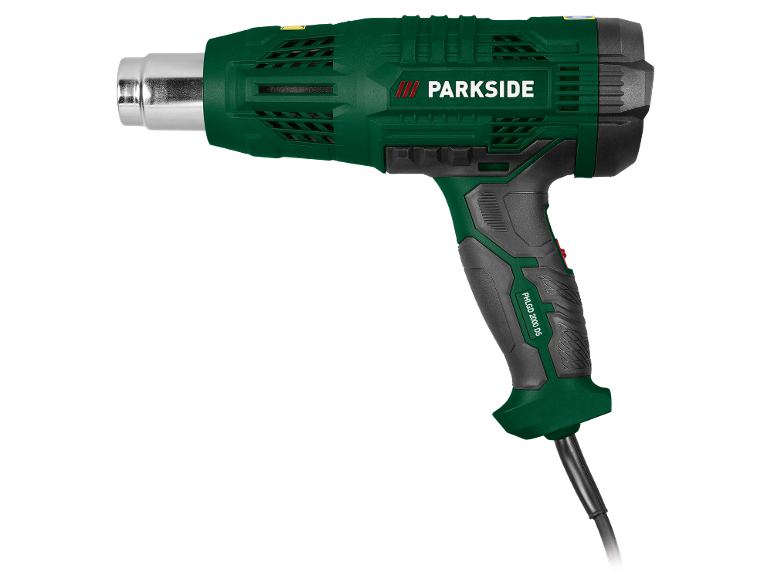 Eine grüne und schwarze Parkside Heißluftpistole mit silberner Düse.