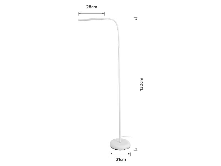 Weiße Stehlampe mit einer Höhe von 130 cm, einer Kopflänge von 28 cm und einem Basisdurchmesser von 21 cm.