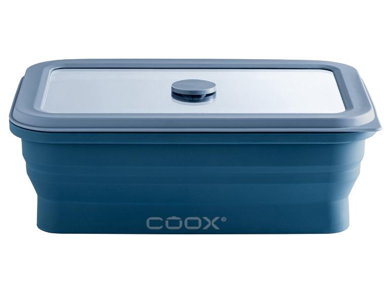 Blaue rechteckige faltbare Lebensmittelbox mit transparentem Deckel und Ventil.