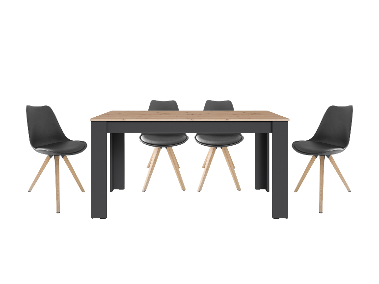 Moderner Esstisch und Stühle: helle Holzplatte, dunkelgraues Gestell und schwarze Stühle.