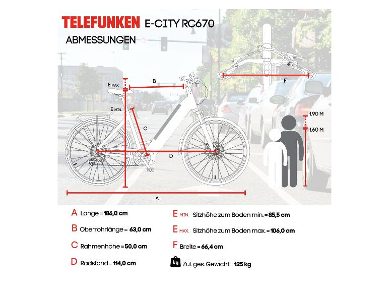 TELEFUNKEN E-Bike City RC670 Maße und Gewicht mit Illustrationen.