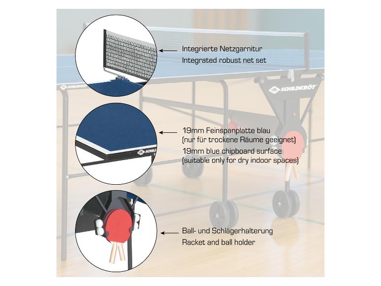 Tischtennisplatte mit blauer Oberfläche, integriertem Netz und Schlägerhalterung.