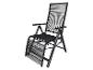Schwarzer Klappstuhl und Klappliege mit Armlehnen.