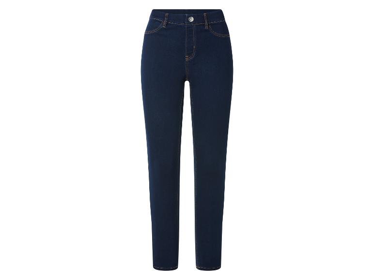 Dunkelblaue Damen-Slim-Fit-Jeans mit Kontrastnähten.