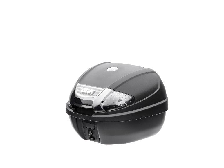 Schwarzer Motorrad-Topcase mit reflektierenden Details und Schloss.