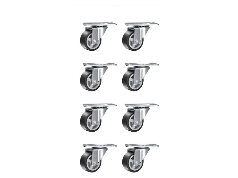 Ein Satz von acht schweren Rollen mit einer Metallplatte.