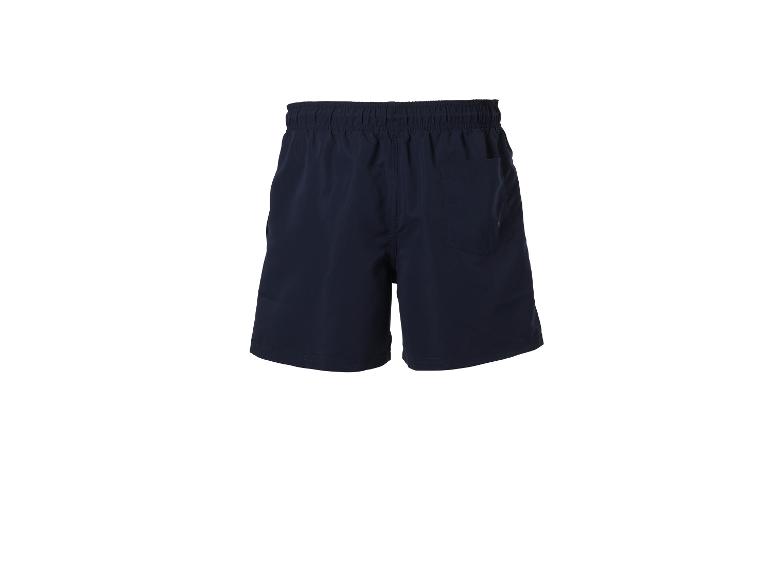 Dunkelblaue Badeshorts mit elastischem Bund und Gesäßtasche.