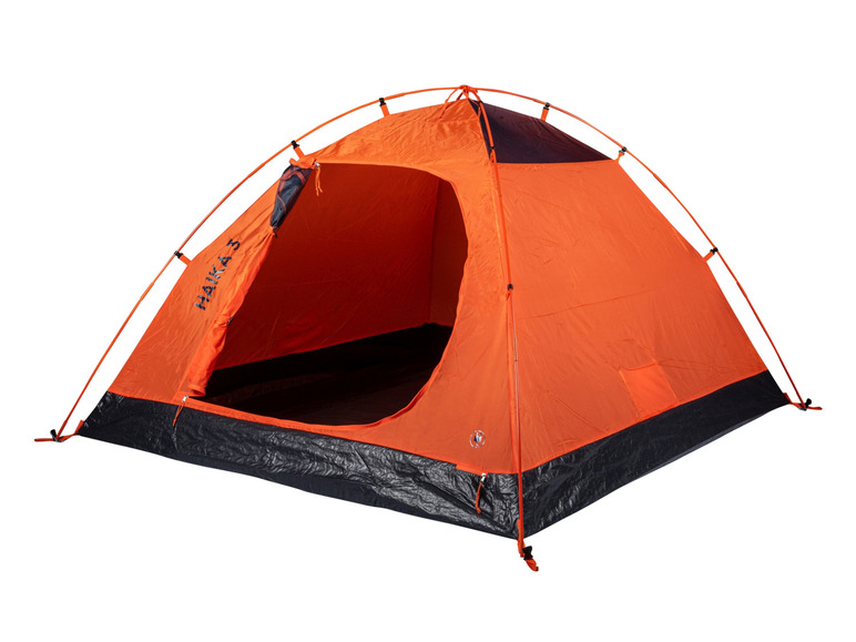 Ein orangefarbenes Haika 3 Zelt zum Campen