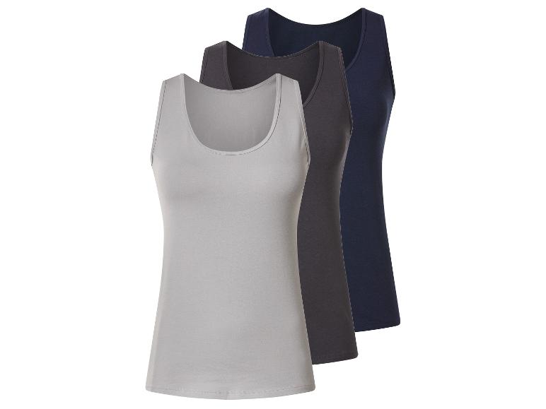 Drei Damen-Tanktops in Grau, Anthrazit und Dunkelblau.