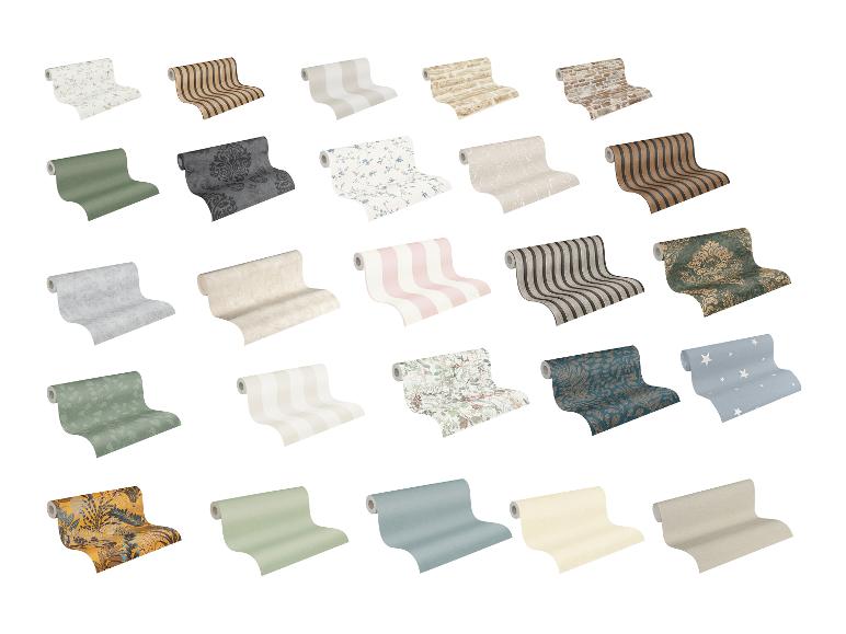 Verschiedene Tapetenrollen mit Blumen-, Streifen-, Ziegel- und Unifarben.