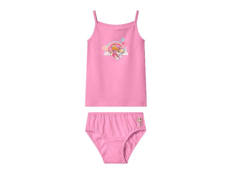 Rosa Mädchen-Unterwäsche-Set mit Spaghettiträger-Top und Slip, mit Welpen- und Regenbogen-Print.