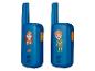 Zwei blaue Spielzeug-Walkie-Talkies mit Kinderillustrationen
