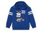 Blaue Kapuzenjacke für Kinder mit Waschbär- und Rollermotiv.