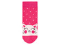 Eine rosa Socke mit weißen Punkten und einem Katzenmotiv.