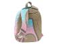 Rosa-blauer Kinderrucksack mit Katzenmuster und gepolsterten Trägern.