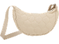 Gesteppte Halbmond-Umhängetasche in Hellbeige mit Reißverschluss und verstellbarem Riemen.