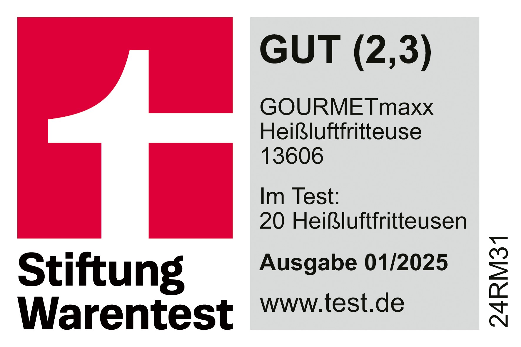 Stiftung Warentest: GUT (2,3) für GOURMETmaxx Heißluftfritteuse 13606, 20 Heißluftfritteusen getestet, Ausgabe 01/2025, www.test.de