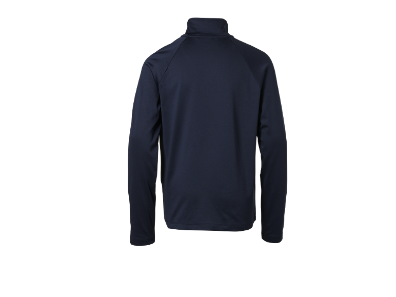 Dunkelblaue Herren-Sportjacke mit langen Ärmeln und Stehkragen, Rückansicht