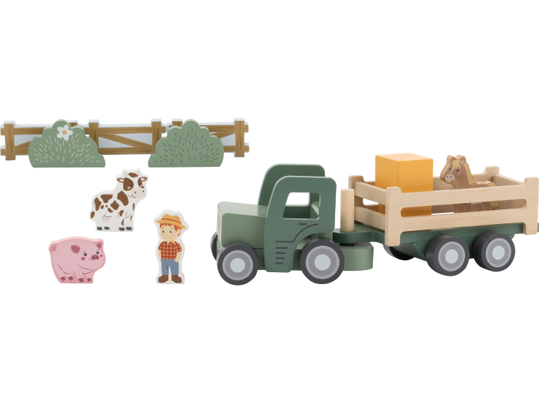Hölzernes Bauernhof-Spielset mit Traktor, Tieren und Bauer.