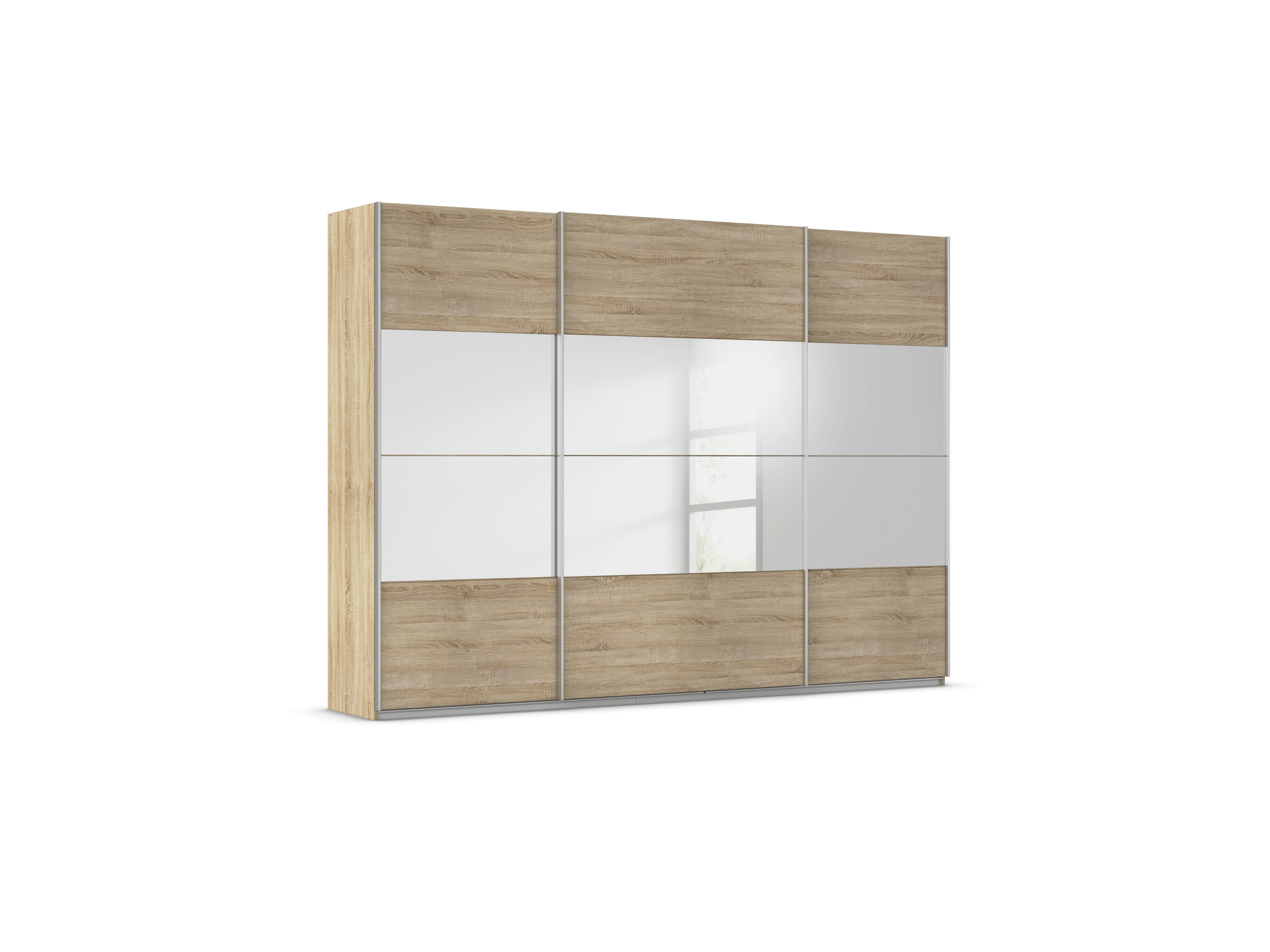 RAUCH ORANGE Quadra Schwebetürenschrank mit Spiegelelementen (Premium-Zubehör, Korpus: Eiche, 315 x 230 cm)