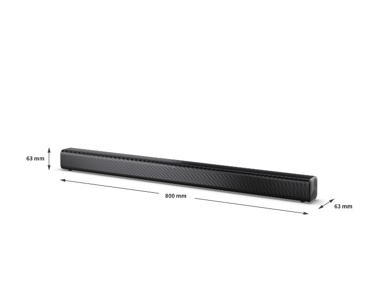 Schwarze Soundbar mit Abmessungen: Länge 800 mm, Höhe und Tiefe 63 mm.