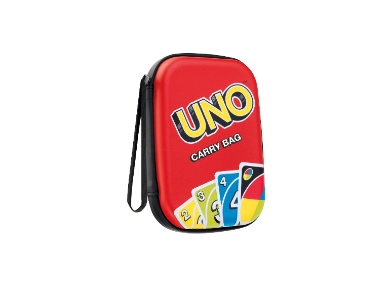 Rote UNO-Tragtasche mit Kartenabbildungen und einer Handschlaufe.