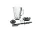 Mixer-Glaskanne mit Deckel, Messereinheit, Messbecher und Spatel.