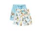 Zwei Kinder-Shorts, eine hellblaue und eine weiße mit Bluey und Bingo-Aufdruck.