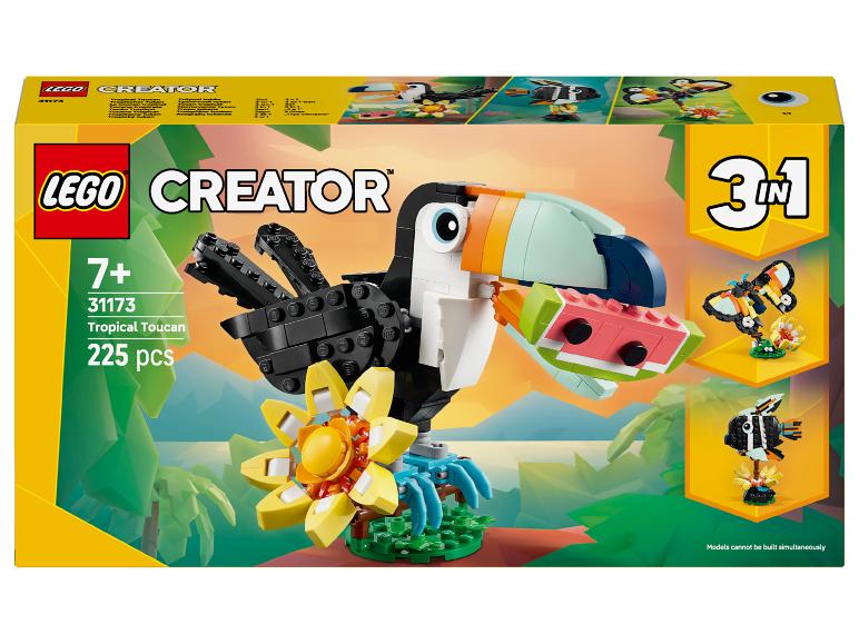 LEGO Creator 3-in-1 Box mit tropischem Tukan, Schmetterling und Fisch.