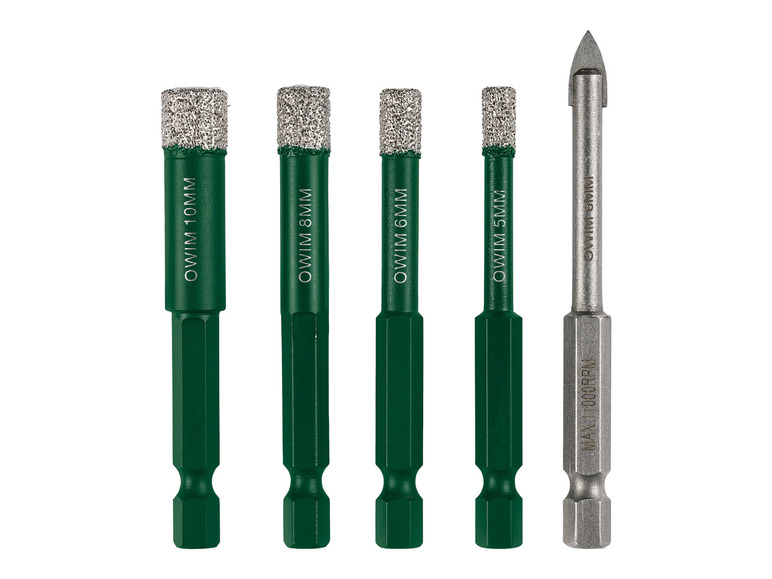 Satz Diamantbohrer mit Durchmessern von 5, 6, 8 und 10 mm.