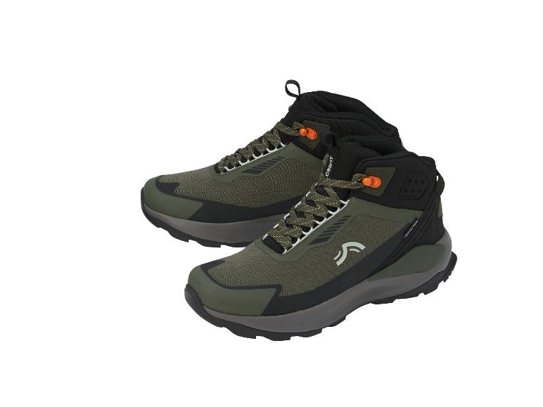 Paar olivgrüne und schwarze wasserdichte Wanderschuhe mit orangefarbenen Akzenten.