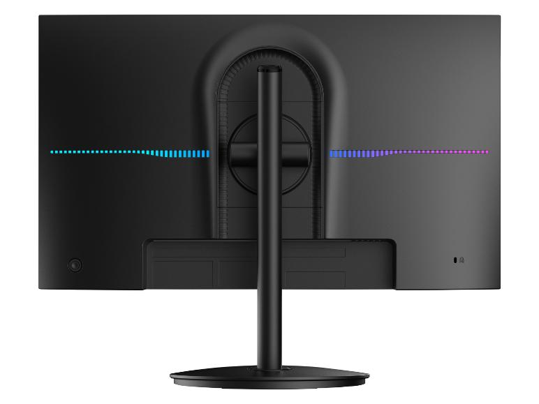 Rückseite eines schwarzen Monitors mit blauer und violetter LED-Beleuchtung und zentralem Standfuß.