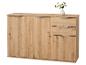 Holzsideboard mit drei Türen und drei Schubladen, dekoriert mit einer Blumenvase.
