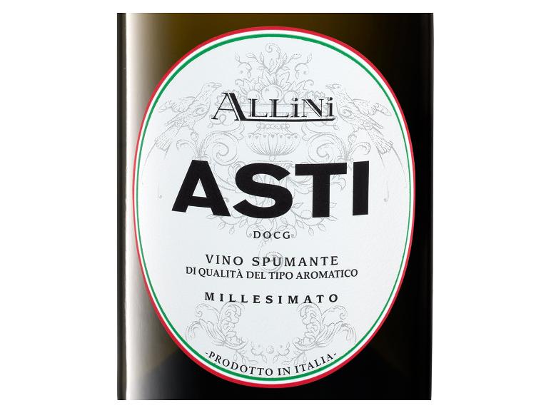 Asti Weinetikett mit italienischem Flaggenrand und dekorativen Vogelmotiven.