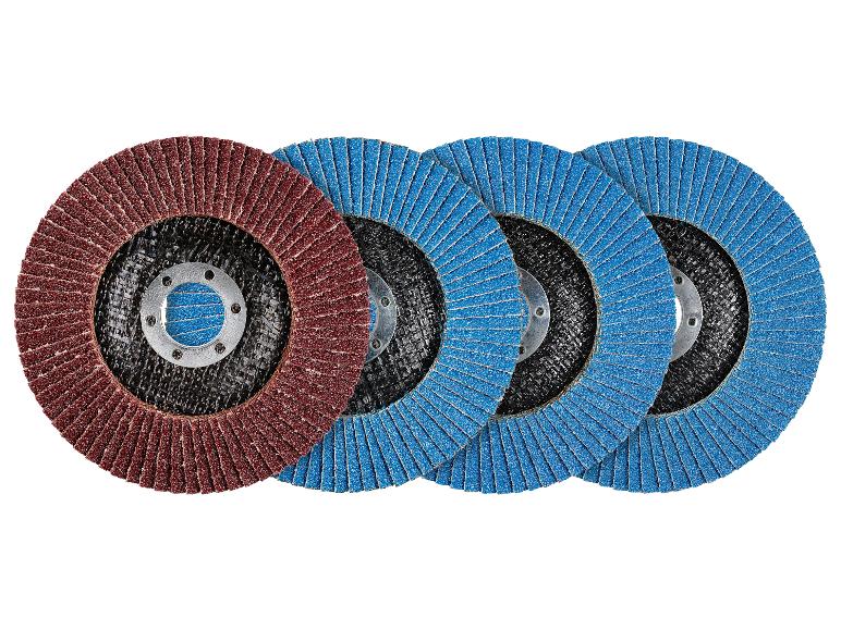 Set aus vier Fächerscheiben, eine rote und drei blaue, in einer Reihe angeordnet.