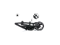 Zusammengeklappter schwarzer Kinderwagen mit Rädern, zeigt ein Schlosssymbol und ein Detail des Klappmechanismus.