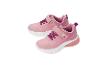 Rosa Mädchen-Sportschuhe mit lila Schnürsenkeln und Klettverschluss.