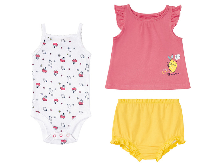 Babybody mit Kirschmuster, rosafarbenes Top mit 'Little Lemon' Druck und gelbe Blümchenhose.