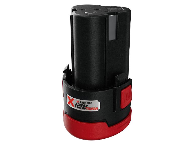 Schwarzer und roter 12V Akku für Elektrowerkzeuge mit Ladeanzeige und Entriegelungstasten.