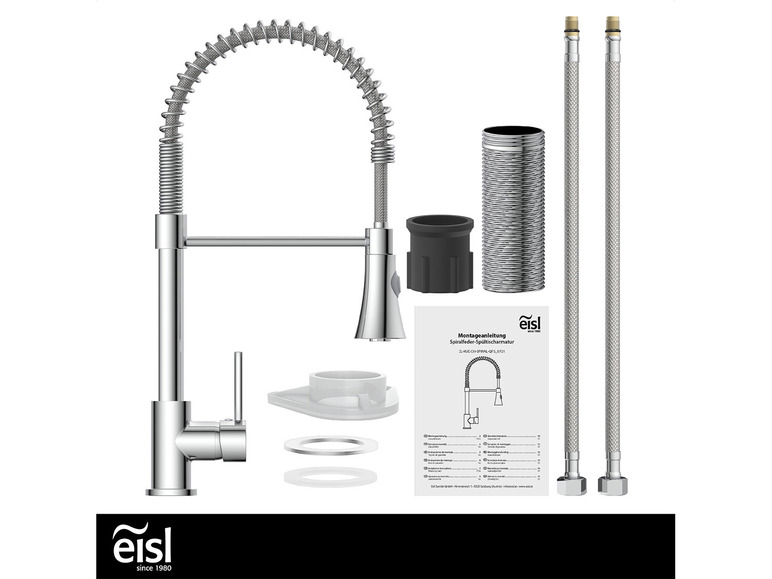 Eine Eisl Küchenarmatur mit ausziehbarer Brause und zwei flexiblen Anschlussschläuchen.