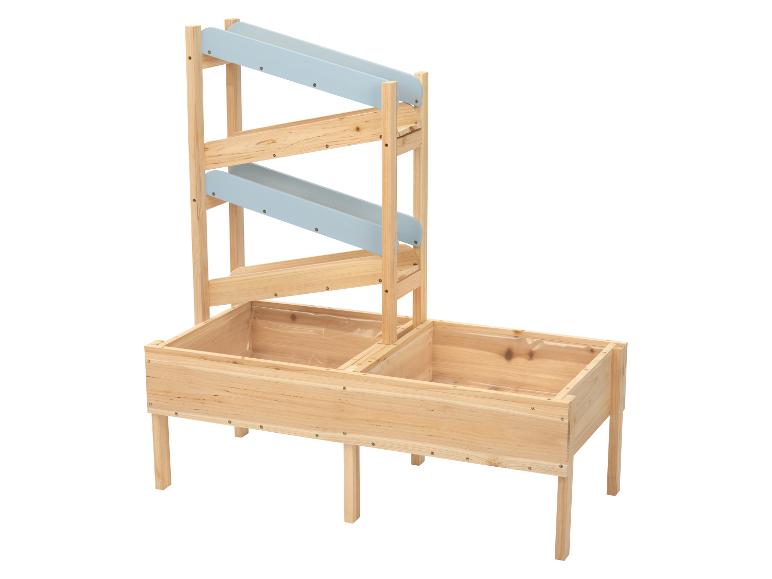 Holz-Wasser- und Sandspieltisch mit zwei Behältern und blauen Rinnen
