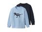 Zwei Kinder-Sweatshirts, eines hellblau mit T-Rex und eines dunkelblau.