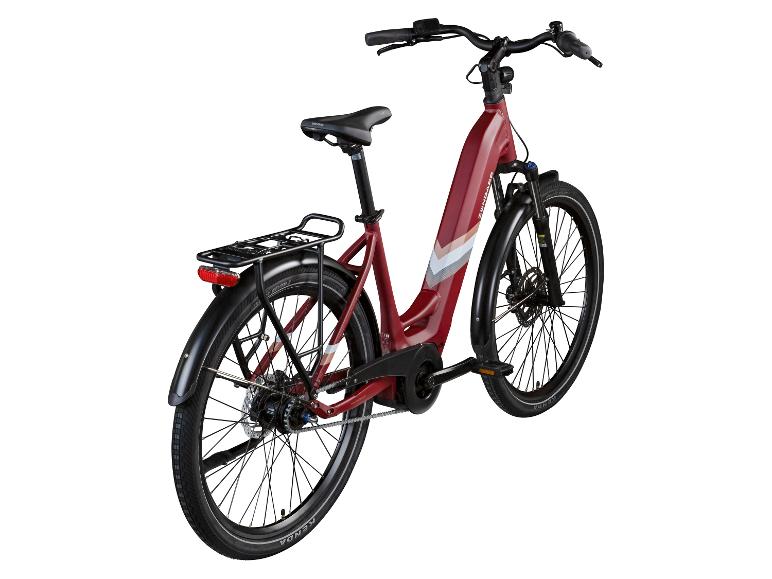 Rotes E-Bike mit Gepäckträger und Schutzblechen, Dreiviertel-Rückansicht.
