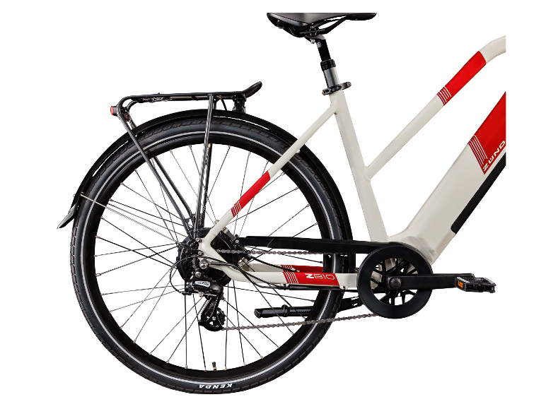 Rückansicht eines weißen Zünd Z810 E-Bikes mit Kenda-Reifen.