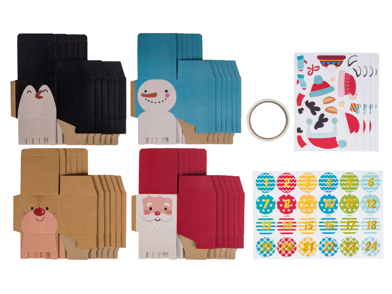 Adventskalender-Bastelset mit Pinguin-, Schneemann-, Rentier- und Weihnachtsmann-Geschenkboxen, Aufklebern und Band.