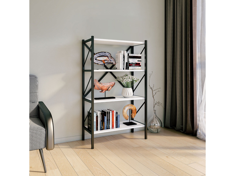 Ein schwarzes Regal mit vier Regalbrettern, gefüllt mit Büchern und Dekorationsartikeln.