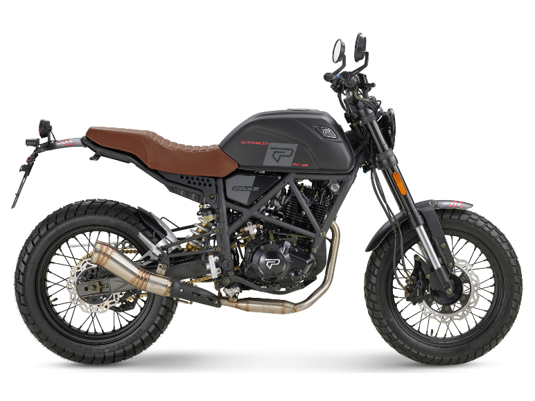 PRIKE PXS 125 Scrambler Motorrad in Schwarz mit braunem Sitz.